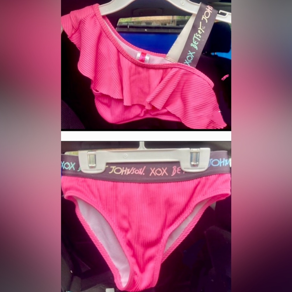 Girls Betsey Johnson Fluorescent Hot Pink 2 Piece Bathing Suit